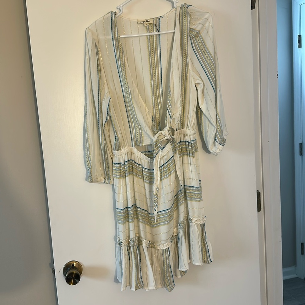 Cream Long Sleeve Plunge Sundress for Casual Occasions